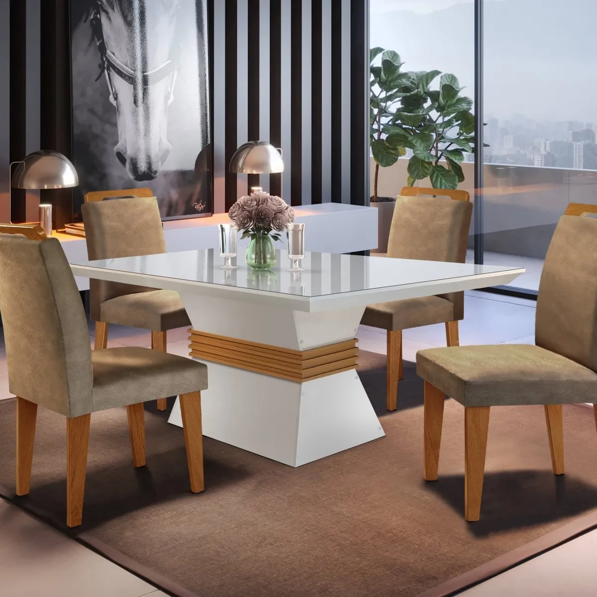 Conjunto-Sala-de-Jantar-Mesa-Clarice-120x80cm-Tampo-Vidro-MDF-Canto-Reto-com-4-Cadeiras-Valentina-Rufato-Off-White-Imbuia Conjunto Sala De Jantar 6 cadeiras Kate 2025: O Conjunto Perfeito Para Sua Casa!
